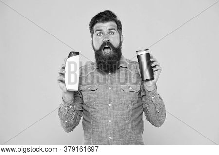 Influencer Beauty Blogger Reviewing Bath Cosmetics. Bath Soap. Bath Cosmetics Review. Man Bearded Hi