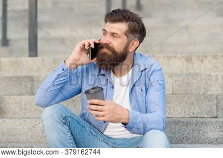 Hi Dear. Modern Urban Life. Bearded Man Phone Conversation. Mobile Conversation. Personal Communicat