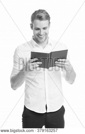 Read Good Book. Happy Guy Read Book Isolated On White. Handsome Man Read Avidly. Student Of Language