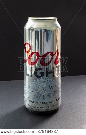 Calgary, Alberta, Canada. Aug 2, 2020. A Coors Light Tallboy Beer Can Of 710 Ml On A Black Backgroun