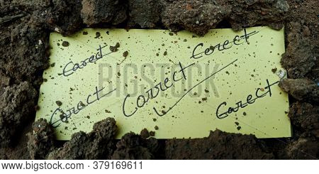 Correct Word Multiple Error Displaying On Paper Slip With Black Soil Background Business Leadership 