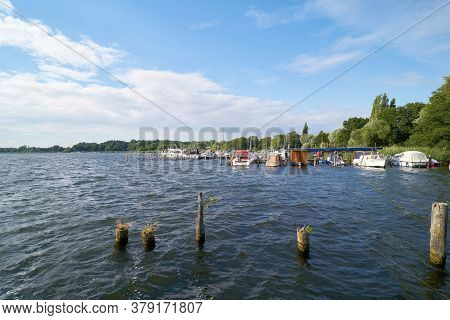 Toeplitz, Germany - July 24, 2020: The River Havel In The Havelland Near Toeplitz With Boat Landing 