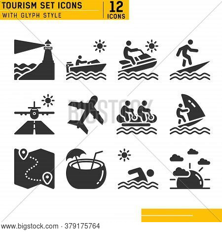 Set Of Black Flat Travel And Vacation Vector Icons. Sunset, Windsurf, Swimming, Speed Boat, Plane, S