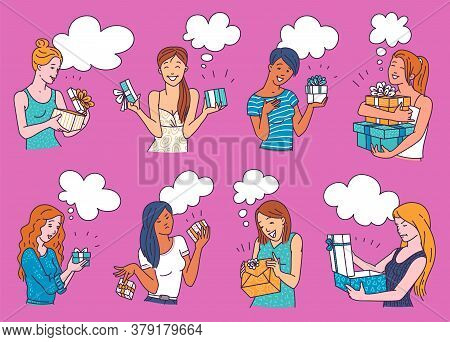 Cartoon Women Reacting To Gift Box. Happy And Angry Girls Set Holding Presents
