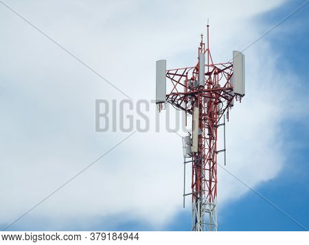 Lte, Gsm, 2g, 3g, 4g, 5g Tower Of Cellular Communication. Telecommunication Tower Against The Blue S