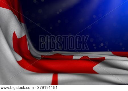 Beautiful Any Feast Flag 3d Illustration
 - Dark Image Of Canada Flag Lying Diagonal On Blue Backgro