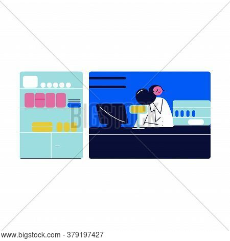 Stores With Medicines And Hugiene Products And Young Pharmacist In Pharmacy