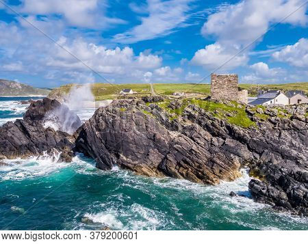 Aerial View Of The Beautiful Coast Next To Carrickabraghy Castle - Isle Of Doagh, Inishowen, County 