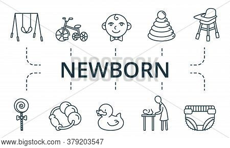 Newborn Icon Set. Collection Cbottle, Cot, Changing, Table, Safety, Lollipop, Toy, Duck, Ball, Swing