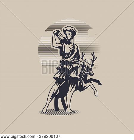 Goddess Artemis Or Diana. A Woman In A Tunic Stands Next To A Deer And Pulls Out An Arrow From A Qui
