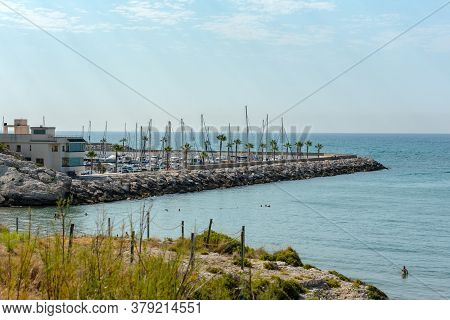 Sitges, Catalonia, Spain: July 28, 2020: Port Of Sitges. Port In The Beach In Sitges In Summer 2020.