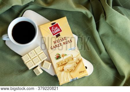 Kharkov, Ukraine - February 10, 2020: Fin Carre, Weisse Ganze Nuss German White Chocolate Bar With W