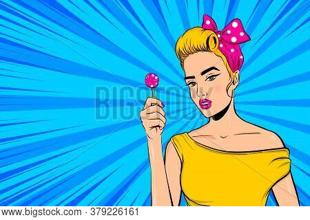 Pop Art Blonde Woman Portrait In Retro Style. Girl Hold Lollipop In Hand. Surprised Wow Face With Op