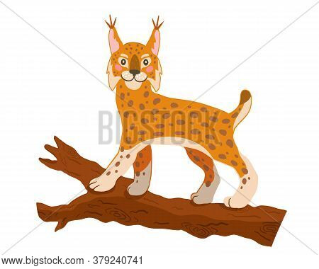 Cute Lynx On A Log Vector Art Isolated On White