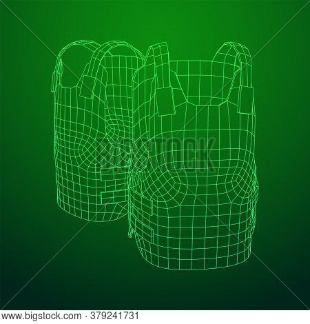 Police Flak Jacket Or Bulletproof Vest. Bullet Proof Concept. Wireframe Low Poly Mesh Vector Illustr