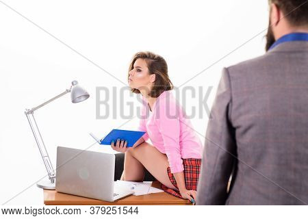 Sexy Personal Secretary. Full Of Desire. Sexual Fantasy. Woman Fantasizing About Coworker. Man Beard