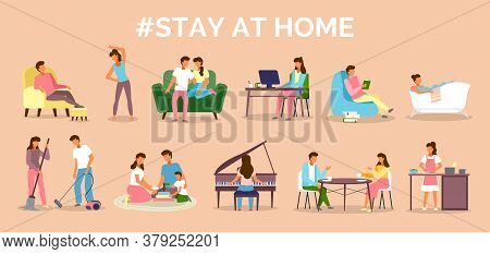Coronavirus Quarantine, Stay At Home. People Sitting At Their Home, Play With Kids, Relaxing On Sofa