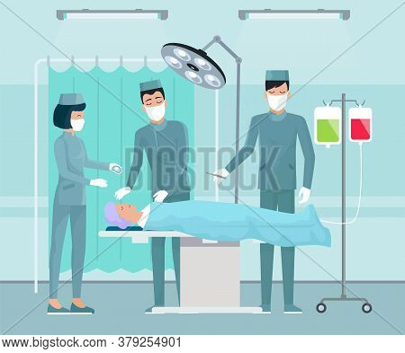 Team Of Doctors, Medical Staff, Surgeon With Scalpel, Nurse In Operating Room. Patient Lying On Tabl