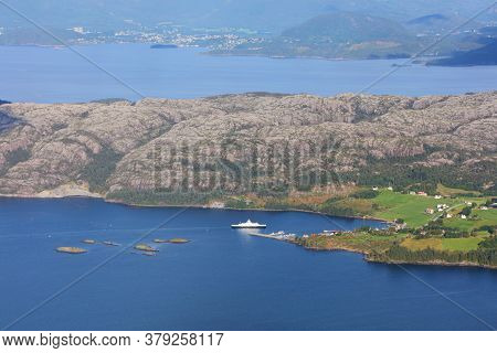 Huglo Island Ferry In Norway. Aerial View Of Norwegian Islands In Vestland County.