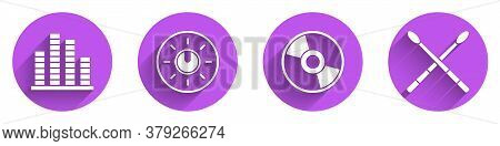 Set Music Equalizer, Dial Knob Level Technology Settings, Cd Or Dvd Disk And Drum Sticks Icon With L