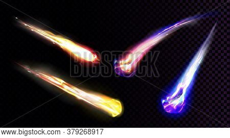 Falling Comets, Asteroids Or Meteors With Flame Trail Isolated On Transparent Background. Vector Rea