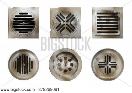 Old Shower Drainage Holes With Rusty Or Dirty Covers Isolated On White Background, Steel Drain Sewer