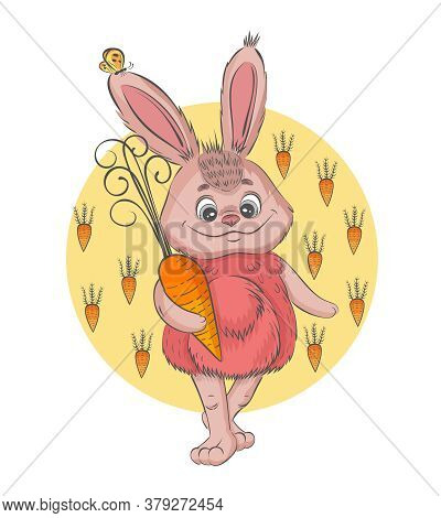 Happy Bunny With Carrot Gift. Baby Rabbit Character. Funny Hare Hand Drawn Vector Illustration In Ca