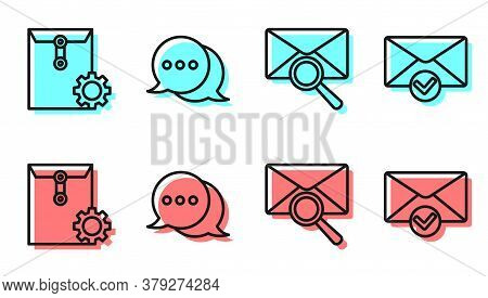 Set Line Envelope With Magnifying Glass, Envelope Setting, Speech Bubble Chat And Envelope And Check