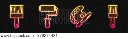Set Line Paint Brush With Palette, Paint Brush, Paint Roller Brush And Paint Brush. Glowing Neon Ico