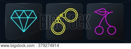 Set Line Diamond, Casino Slot Machine With Cherry And Handcuffs. Black Square Button. Vector