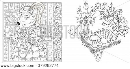 Coloring Pages. Wolf Girl In Vintage Dress And Accessoires. Line Art Design For Adult Colouring Book