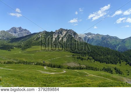 Mountain Landscape Along The Road To Crocedomini Pass, In The Brescia Province, Lombardy, Italy, At 