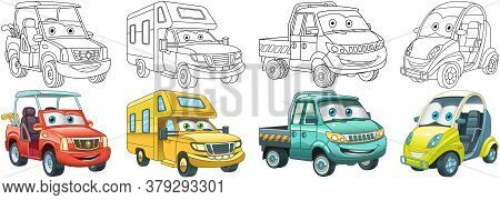 Coloring Pages. Golf And Micro Cars, Recreational Vehicle, Van. Cartoon Clipart Set For Activity Col