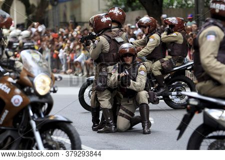Salvador, Bahia / Brazil - September 7, 2014: Motorcyclists From The Policia Militar Da Bahia Are Se