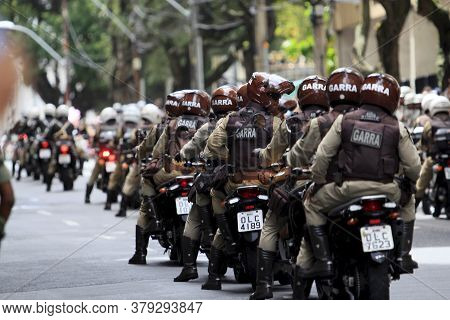 Salvador, Bahia / Brazil - September 7, 2014: Motorcyclists From The Policia Militar Da Bahia Are Se