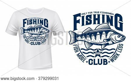 Seaking Perch Fish T-shirt Print. Vector Mascot Of Sea Fishing Club. Blue Sea Fish On Waves T-shirt 