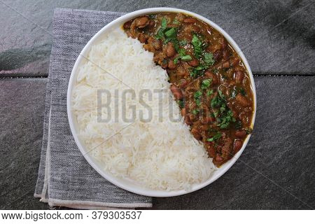 A Platter Of Indian Red Kidney Beans Curry Or Rajma Masala And Rice