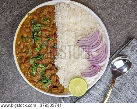 A Platter Of Indian Red Kidney Beans Curry Or Rajma Masala And Rice