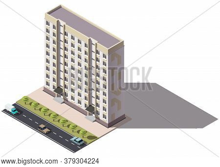 Public Residential Nine-storey Building Isometry. Isometric View Of The House And Cars. 3d Object Fo