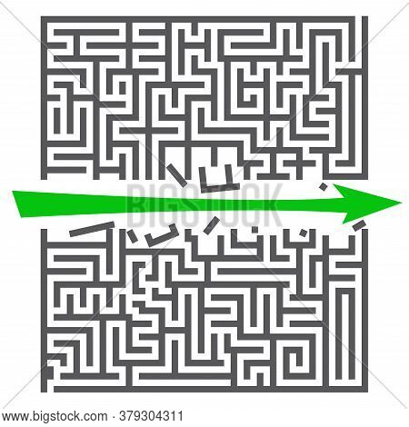 A Square Labyrinth. Success Concept. Maze Game With Green Arrow. Gray Maze For Your Business Project