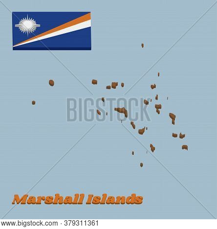 3d Map Outline And Flag Of Marshall. A Blue Field With Two Diagonal Stripes Of Orange And White And 