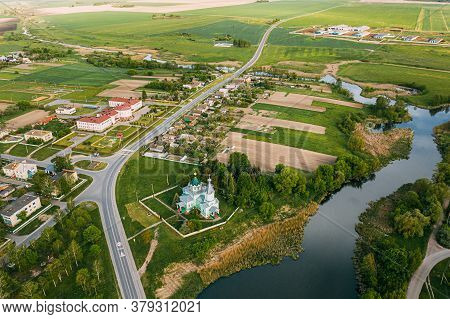Krupets, Dobrush District, Gomel Region, Belarus. Aerial View Of Old Wooden Orthodox Church Of The H