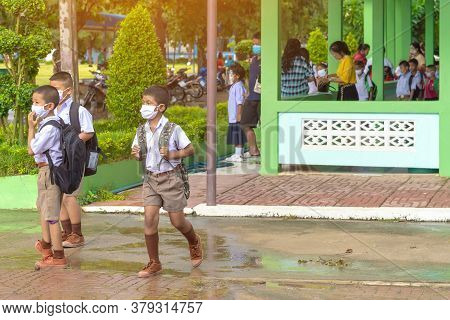 Kanchanaburi,thailand-july 2,2020:thai Students Wear Various Medical Masks To Prevent Themselves Fro