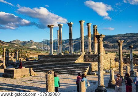 Volubilis, Morocco - Oct 14, 2019: Ruins Of The Roman Basilica Of Volubilis, A Unesco World Heritage
