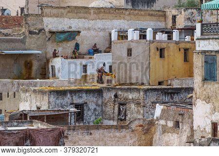 Fes, Morocco - Oct 15, 2019: Tanneries Of Fes, Morocco, Africa. Old Tanks Of The Tanneries In Fes Wi