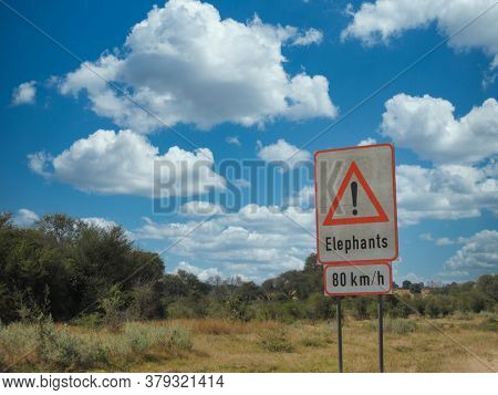 elephants sign reduce speed 80KM , commonly seen on rural areas near villages in Botswana