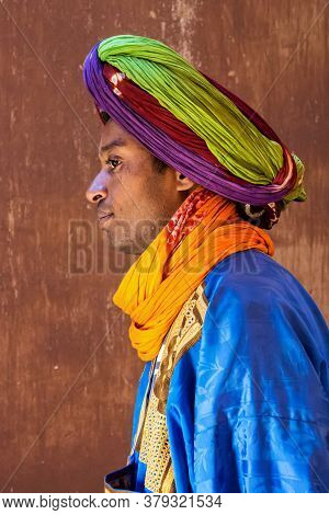 Telouet, Morocco - Oct 21, 2019: Guide In The Ruins Of Glaoui Kasbah At Telouet In The Atlas Mountai