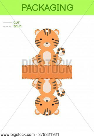 Diy Party Favor Box Die Cut Template Design For Birthdays, Baby Showers With Cute Tiger For Sweets, 