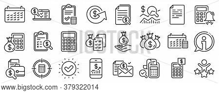 Set Of Calculator, Check Investment And Report Icons. Accounting Line Icons. Calendar, Banking Accou