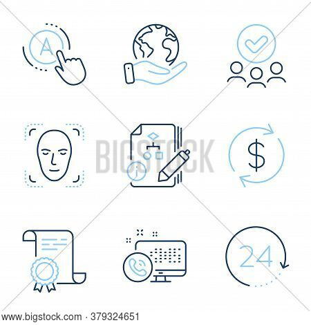 Ab Testing, Usd Exchange And Face Detection Line Icons Set. Diploma Certificate, Save Planet, Group 